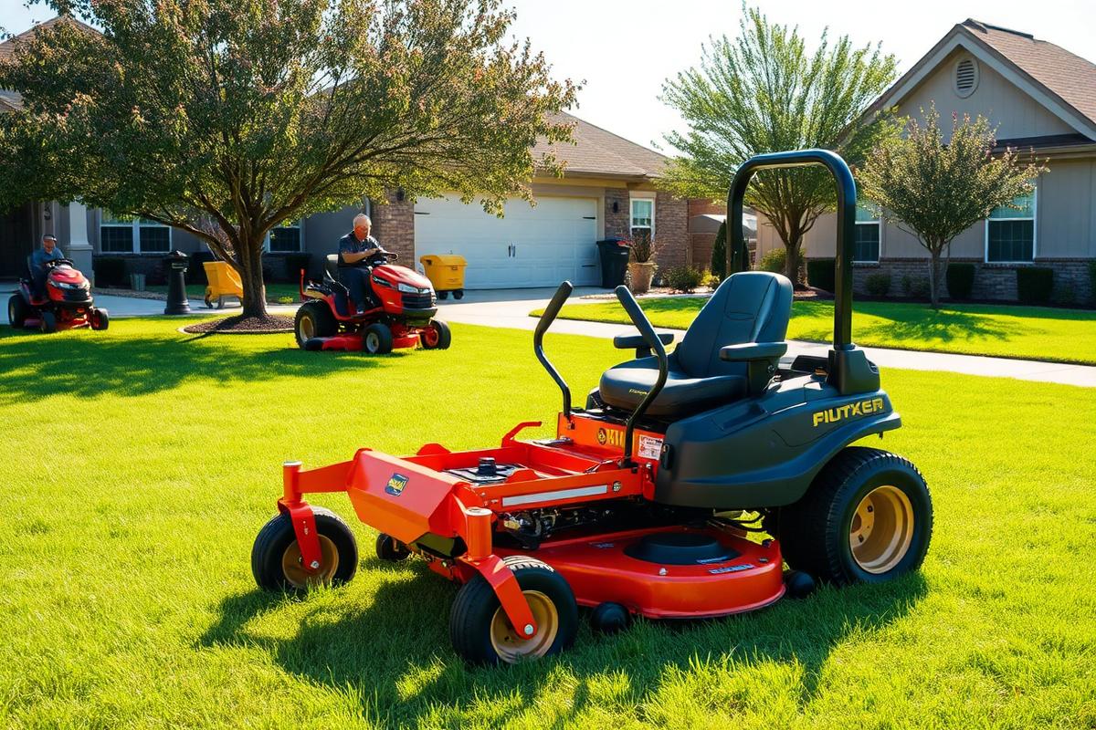 Zero-turn mower and riding mower on a mowed lawn in a San Antonio neighborhood